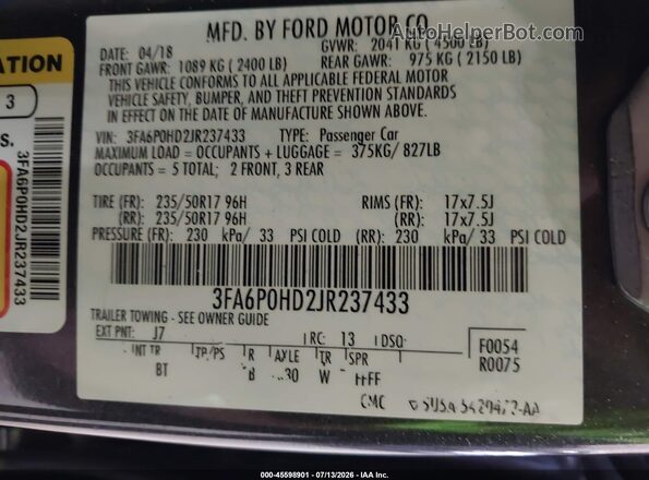3FA6P0HD2JR237433 2018 FORD FUSION Gray Vista del compartimento del motor