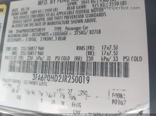 3FA6P0HD2JR250019 2018 FORD FUSION Silver Vista del compartimento del motor