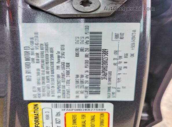 3FA6P0HD2KR275889 2019 FORD FUSION Gray ძრავის განყოფილების ხედი