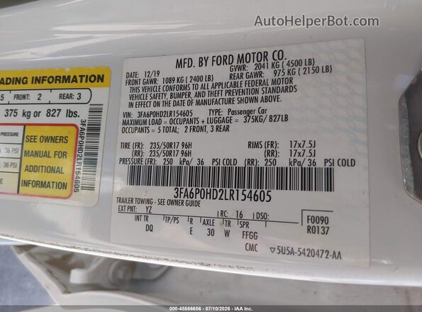 3FA6P0HD2LR154605 2020 FORD FUSION White Շարժիչի բաժամունքի տեսք