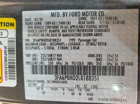 3FA6P0HD2LR188351 2020 FORD FUSION Charcoal Vista de la etiqueta del VIN