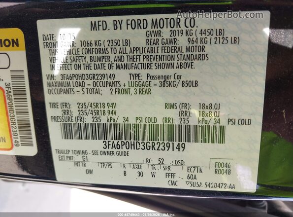 3FA6P0HD3GR239149 2016 FORD FUSION Black Vista del compartimento del motor