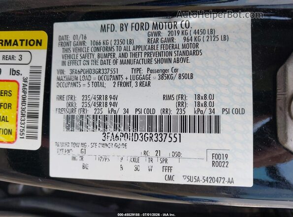 3FA6P0HD3GR337551 2016 FORD FUSION Black Vista del compartimento del motor