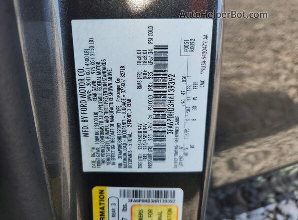 3FA6P0HD3HR139392 2017 FORD FUSION Black Vista del compartimento del motor