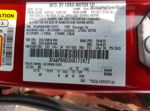 3FA6P0HD3HR175972 2017 FORD FUSION Red Շարժիչի բաժամունքի տեսք