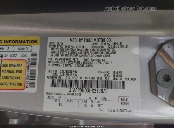 3FA6P0HD3HR219873 2017 FORD FUSION Silver Engine compartment view