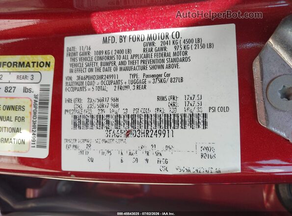 3FA6P0HD3HR249911 2017 FORD FUSION Red Շարժիչի բաժամունքի տեսք