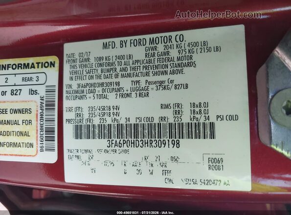 3FA6P0HD3HR309198 2017 FORD FUSION Красный Вид подкапотного пространства