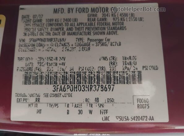 3FA6P0HD3HR378697 2017 FORD FUSION Red Widok komory silnika
