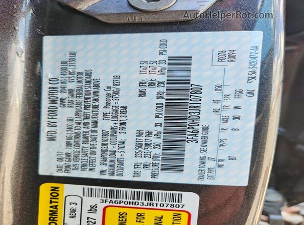 3FA6P0HD3JR107807 2018 FORD FUSION Charcoal Vista de la etiqueta del VIN