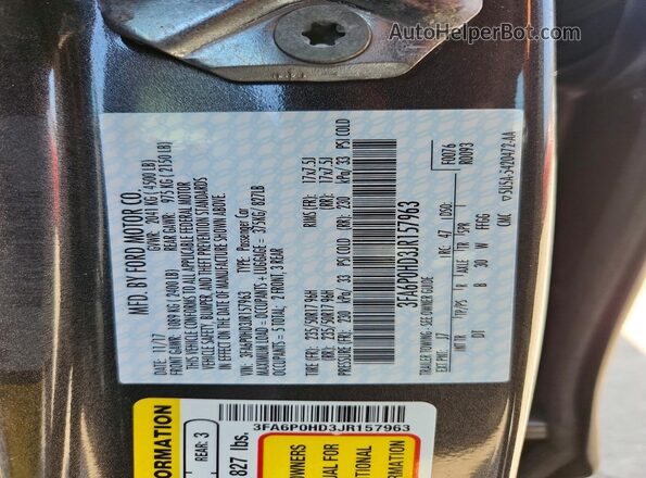 3FA6P0HD3JR157963 2018 FORD FUSION Charcoal Вид наклейки з VIN-кодом