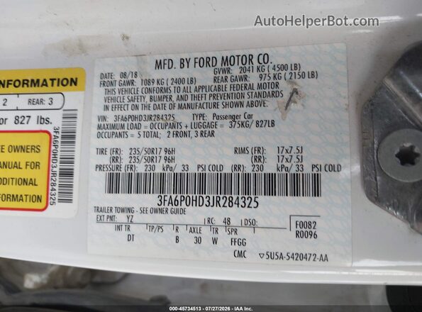 3FA6P0HD3JR284325 2018 FORD FUSION Белый Вид подкапотного пространства