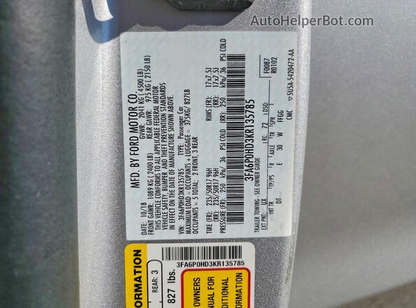3FA6P0HD3KR135785 2019 FORD FUSION Серебряный Вид подкапотного пространства
