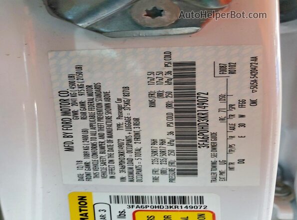 3FA6P0HD3KR149072 2019 FORD FUSION White Widok komory silnika