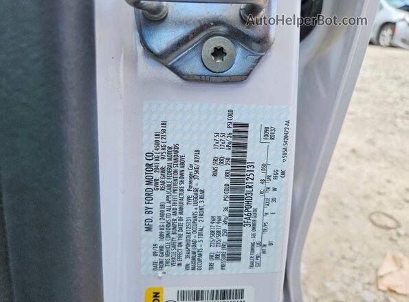 3FA6P0HD3LR125131 2020 FORD FUSION White VIN կոդի պիտակի տեսք