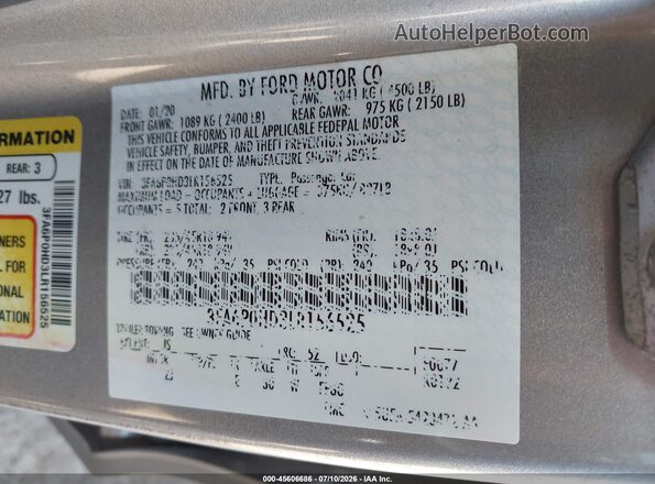 3FA6P0HD3LR156525 2020 FORD FUSION Silver Vista del compartimento del motor