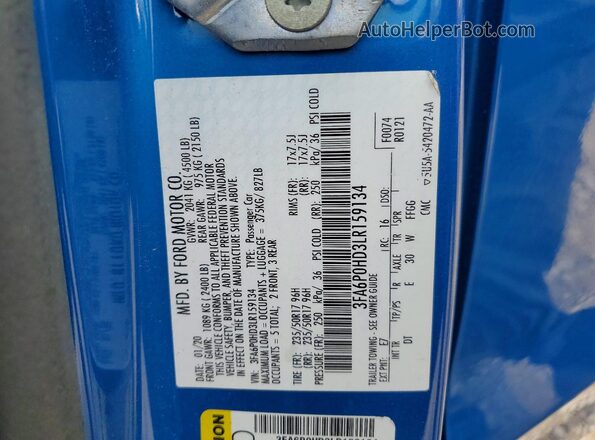 3FA6P0HD3LR159134 2020 FORD FUSION Blue Շարժիչի բաժամունքի տեսք