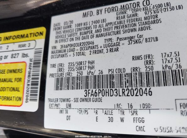 3FA6P0HD3LR202046 2020 FORD FUSION Черный Вид подкапотного пространства