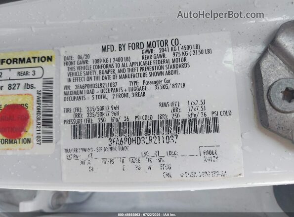 3FA6P0HD3LR211037 2020 FORD FUSION White Engine compartment view