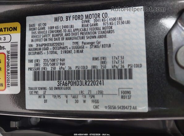 3FA6P0HD3LR220241 2020 FORD FUSION Gray Вид підкапотного простору