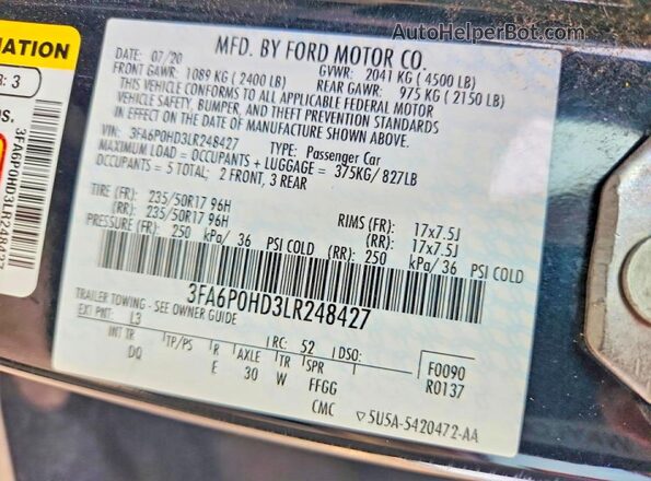 3FA6P0HD3LR248427 2020 FORD FUSION Blue Շարժիչի բաժամունքի տեսք