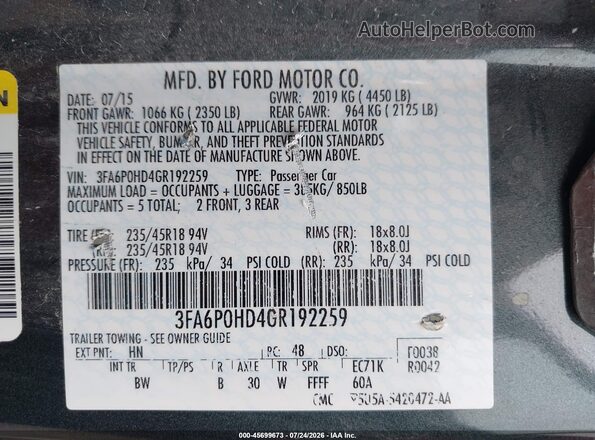 3FA6P0HD4GR192259 2016 FORD FUSION Серый Вид подкапотного пространства