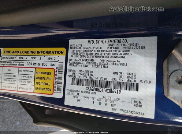3FA6P0HD4GR386919 2016 FORD FUSION Blue ძრავის განყოფილების ხედი
