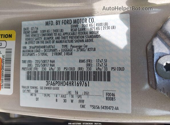 3FA6P0HD4HR169761 2017 FORD FUSION Beige Engine compartment view