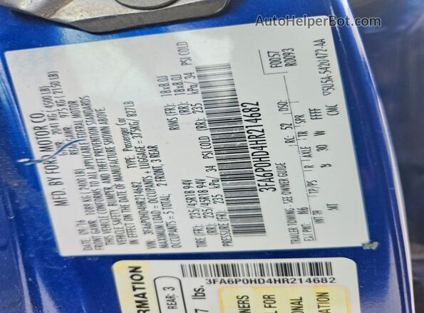 3FA6P0HD4HR214682 2017 FORD FUSION Blue Widok komory silnika