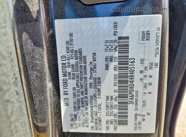 3FA6P0HD4HR405163 2017 FORD FUSION Gray Widok komory silnika