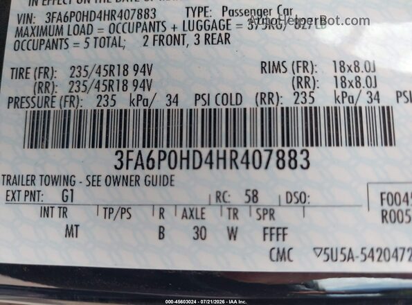 3FA6P0HD4HR407883 2017 FORD FUSION Black Շարժիչի բաժամունքի տեսք