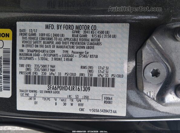 3FA6P0HD4JR161309 2018 FORD FUSION Gray Widok komory silnika