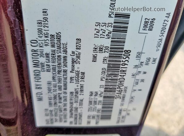 3FA6P0HD4JR195508 2018 FORD FUSION Burgundy VIN sticker view