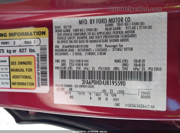 3FA6P0HD4JR195590 2018 FORD FUSION Burgundy Շարժիչի բաժամունքի տեսք