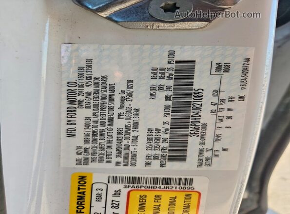 3FA6P0HD4JR210895 2018 FORD FUSION White ძრავის განყოფილების ხედი