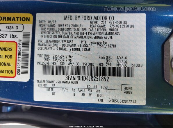 3FA6P0HD4JR251852 2018 FORD FUSION Blue Vista del compartimento del motor