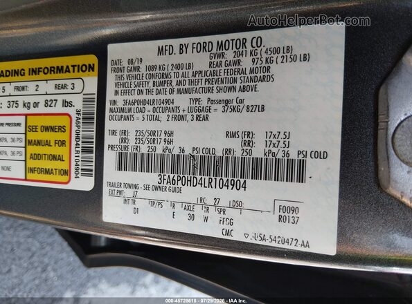 3FA6P0HD4LR104904 2020 FORD FUSION Серый Вид подкапотного пространства