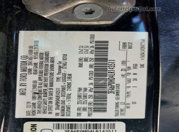 3FA6P0HD4LR143511 2020 FORD FUSION Blue 360 interior view