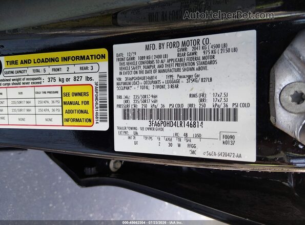 3FA6P0HD4LR146814 2020 FORD FUSION Black Engine compartment view