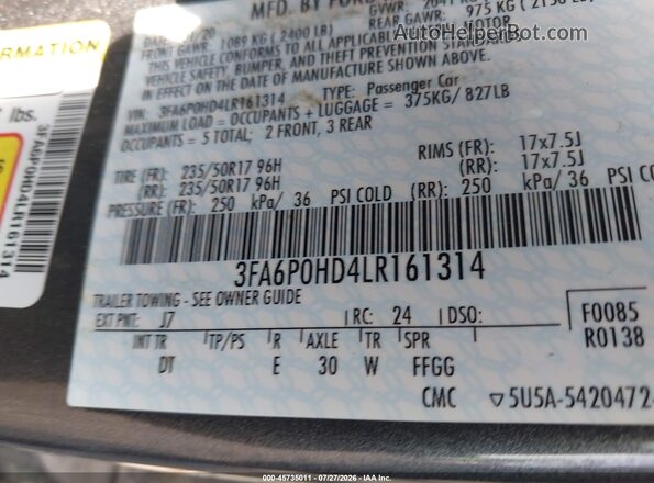 3FA6P0HD4LR161314 2020 FORD FUSION Gray Widok komory silnika