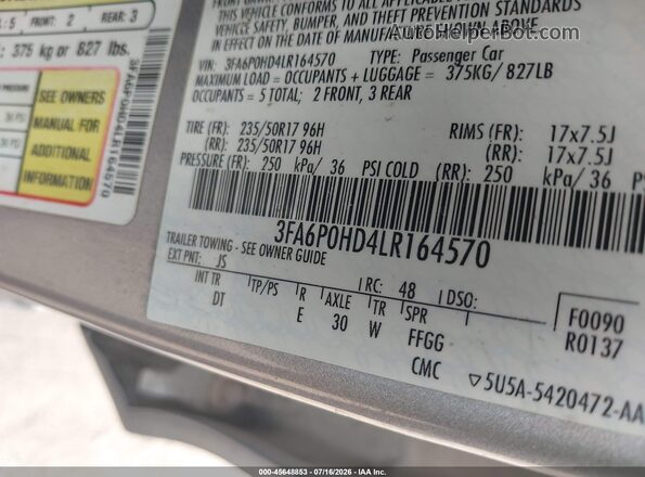 3FA6P0HD4LR164570 2020 FORD FUSION Silver Vista del compartimento del motor
