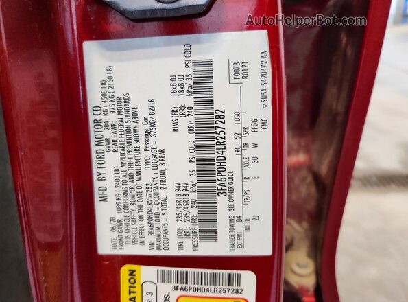 3FA6P0HD4LR257282 2020 FORD FUSION Red ძრავის განყოფილების ხედი