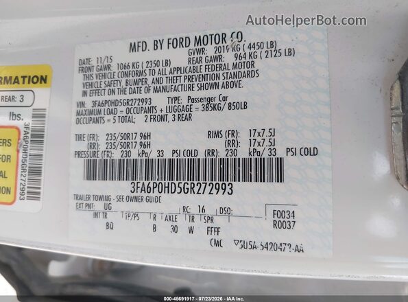 3FA6P0HD5GR272993 2016 FORD FUSION White Engine compartment view