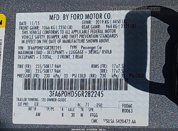 3FA6P0HD5GR282245 2016 FORD FUSION Gray Engine compartment view