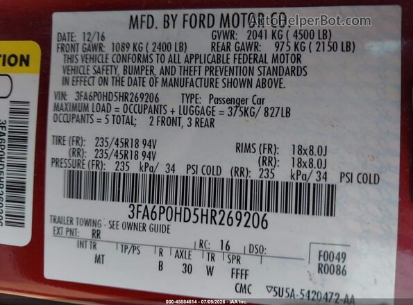3FA6P0HD5HR269206 2017 FORD FUSION Red Շարժիչի բաժամունքի տեսք