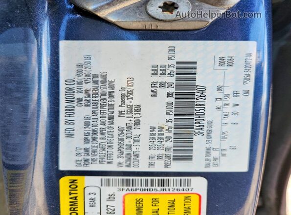 3FA6P0HD5JR126407 2018 FORD FUSION Blue Շարժիչի բաժամունքի տեսք