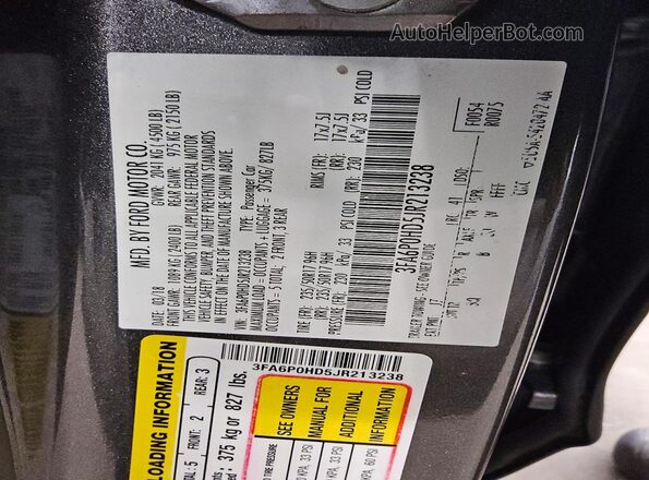 3FA6P0HD5JR213238 2018 FORD FUSION Серый Вид подкапотного пространства