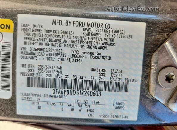 3FA6P0HD5JR240603 2018 FORD FUSION Gray Engine compartment view