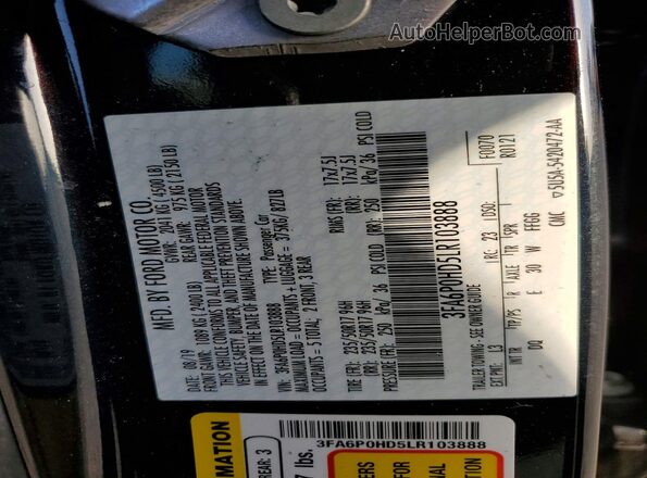 3FA6P0HD5LR103888 2020 FORD FUSION Черный Вид наклейки с VIN-кодом