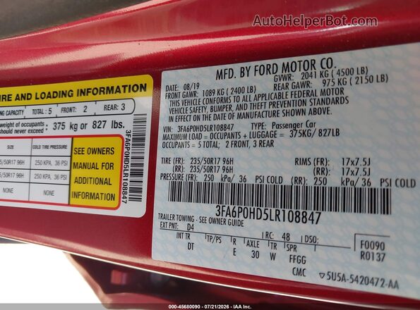 3FA6P0HD5LR108847 2020 FORD FUSION  Engine compartment view